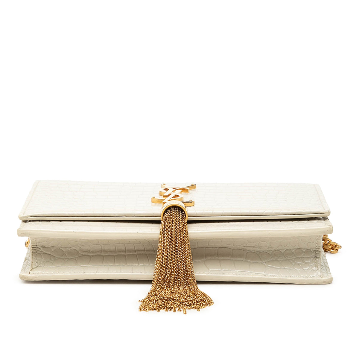 Saint Laurent Croc Embossed Leather Monogram Kate Tassel Wallet on Chain — White