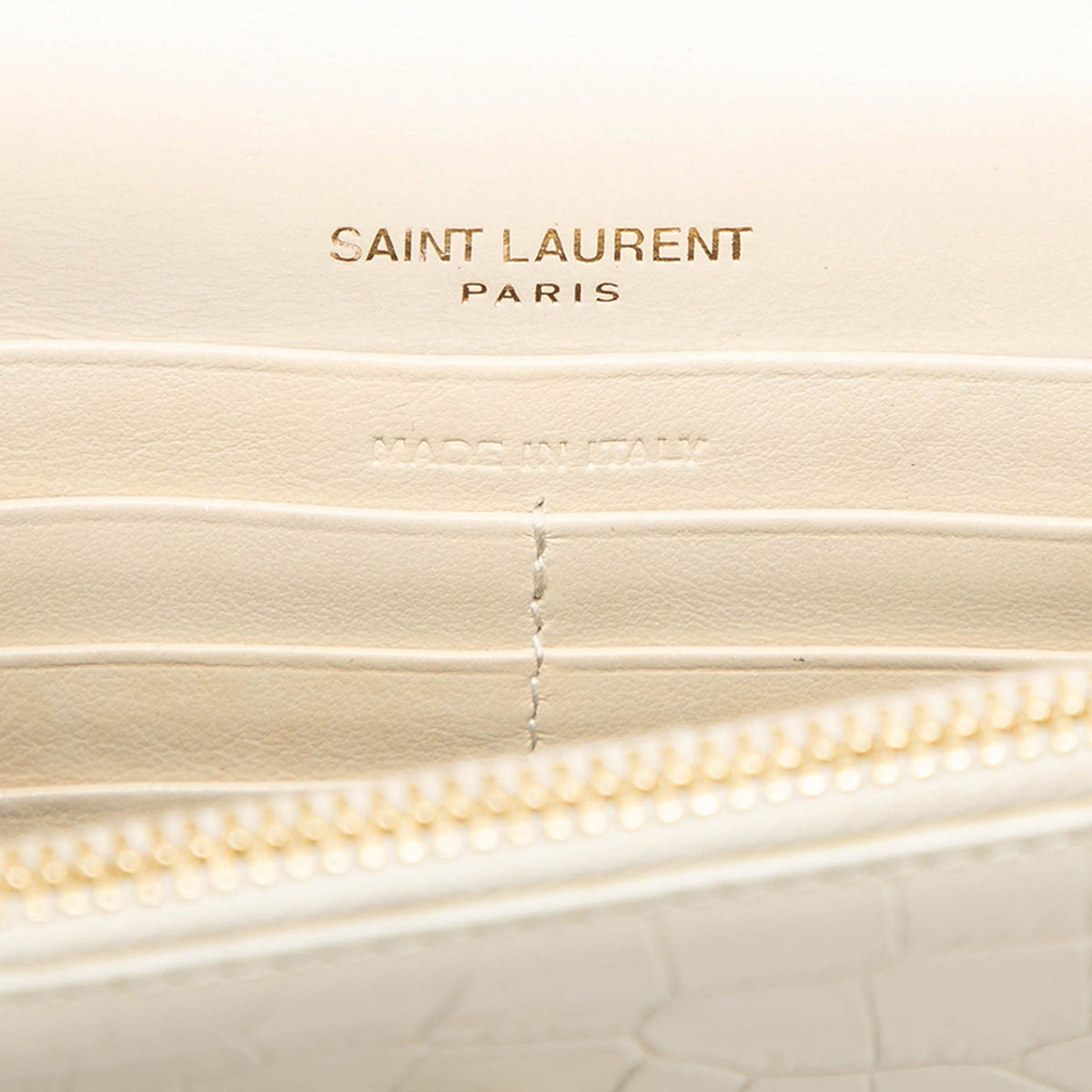 Saint Laurent Croc Embossed Leather Monogram Kate Tassel Wallet on Chain — White