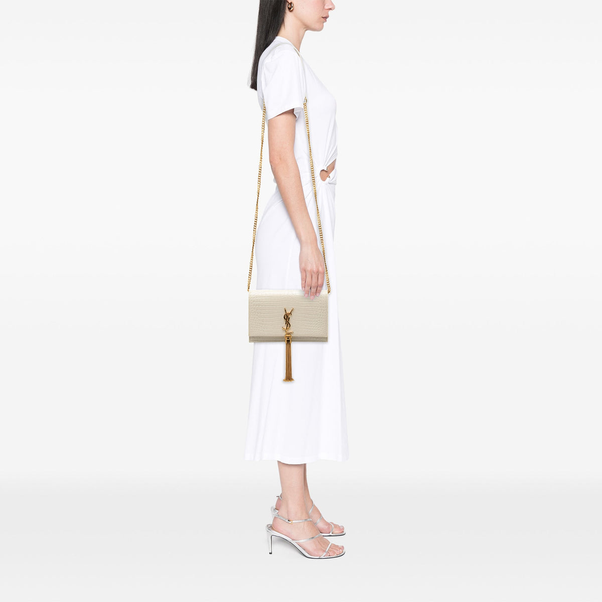 Saint Laurent Croc Embossed Leather Monogram Kate Tassel Wallet on Chain — White