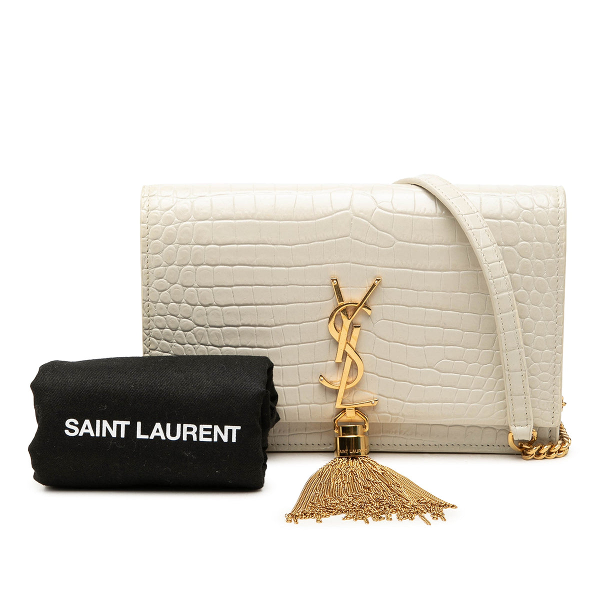Saint Laurent Croc Embossed Leather Monogram Kate Tassel Wallet on Chain — White