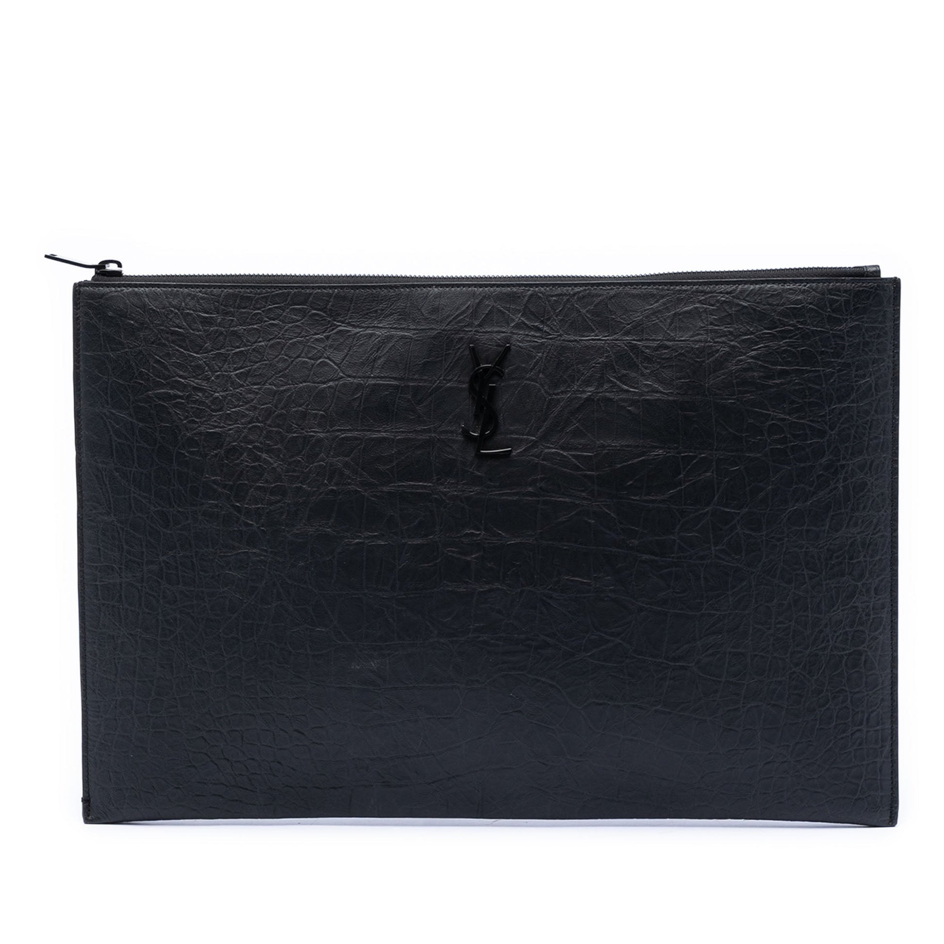 Croc Embossed Leather Monogram Clutch