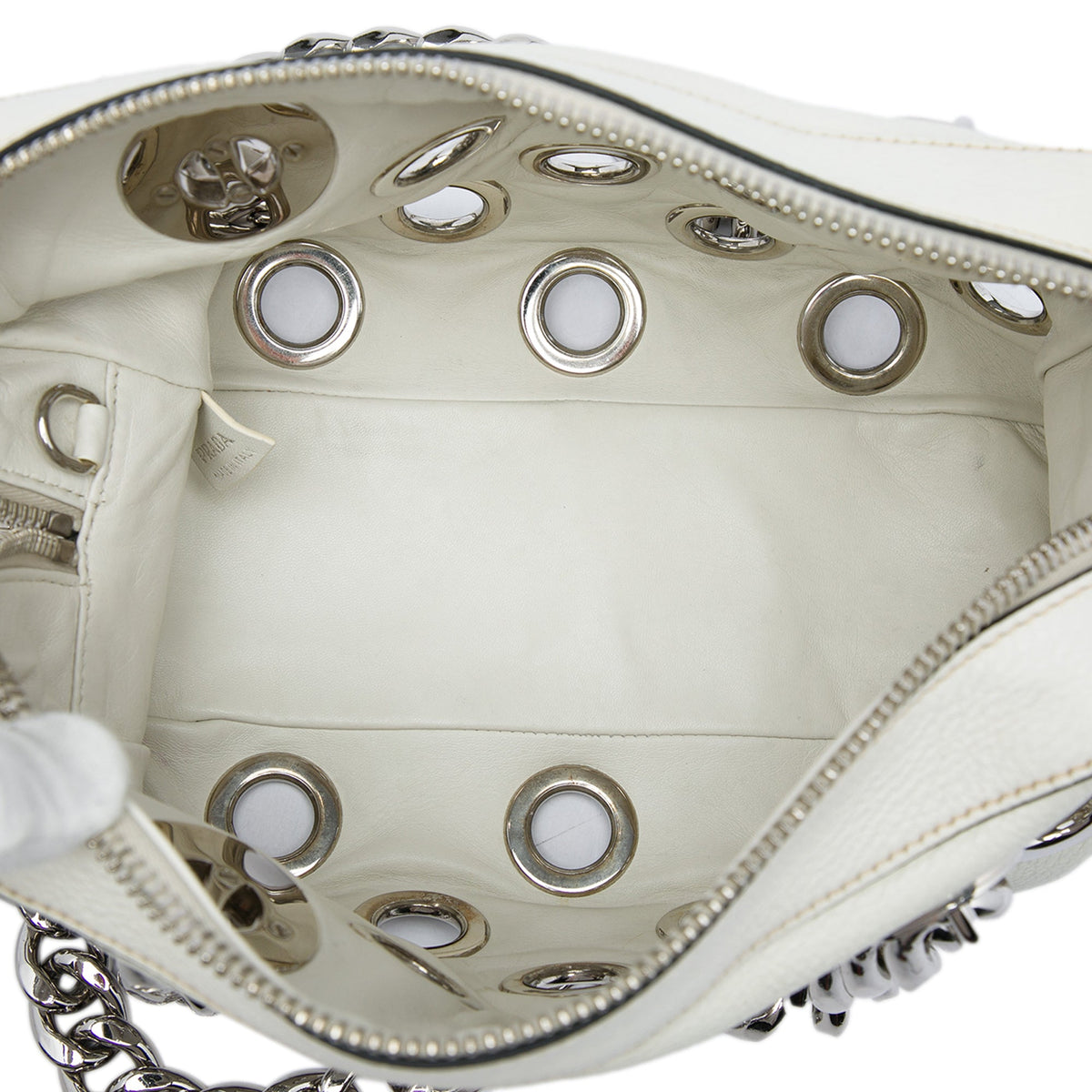 Prada Vitello Daino Grommet Chain Shoulder Bag — White