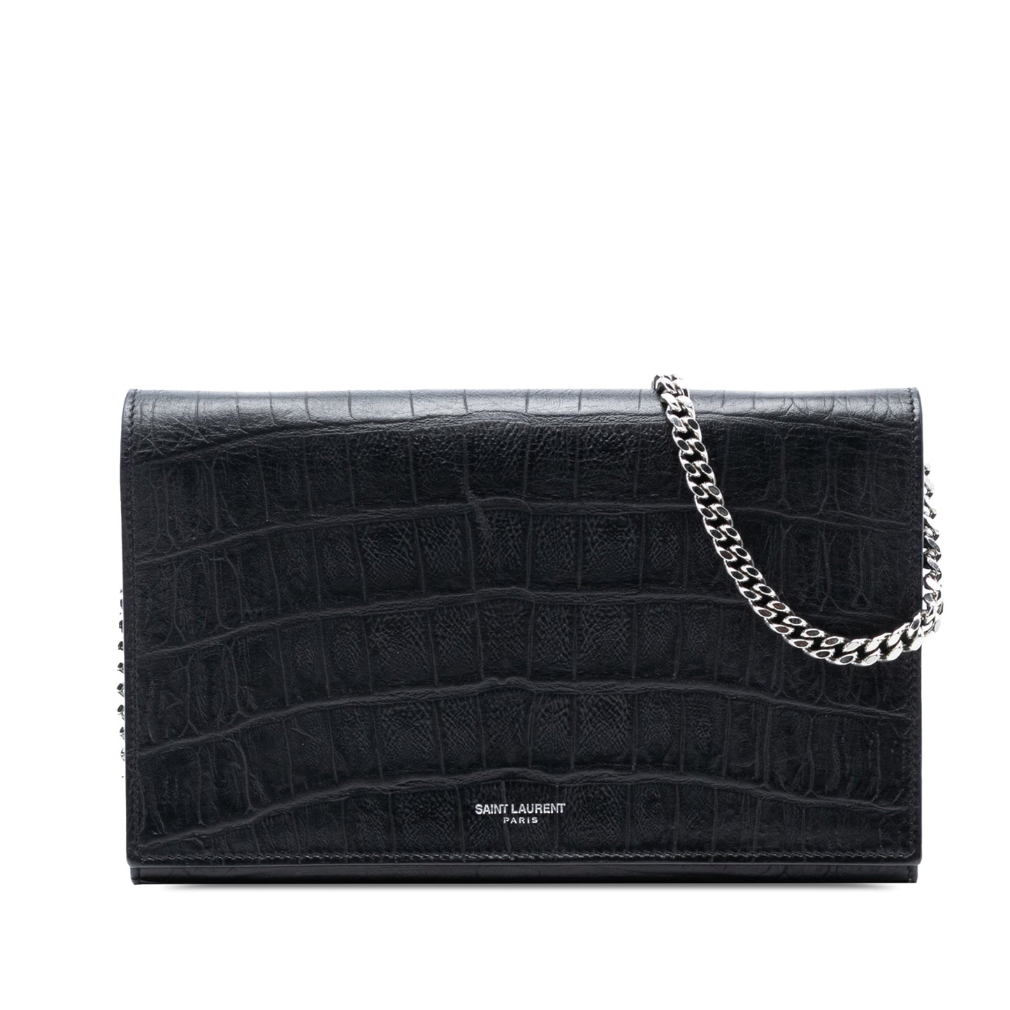Saint Laurent Croc Embossed Leather Wallet On Chain