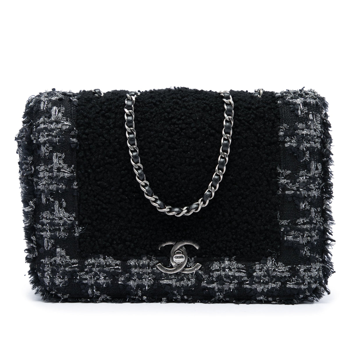 Chanel Medium CC Shearling and Tweed Chain Flap — Black