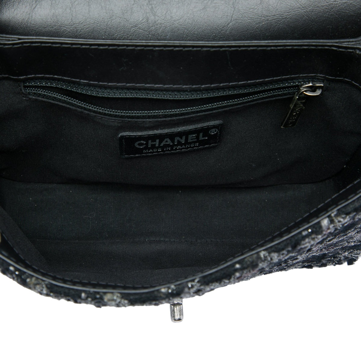 Chanel Medium CC Shearling and Tweed Chain Flap — Black