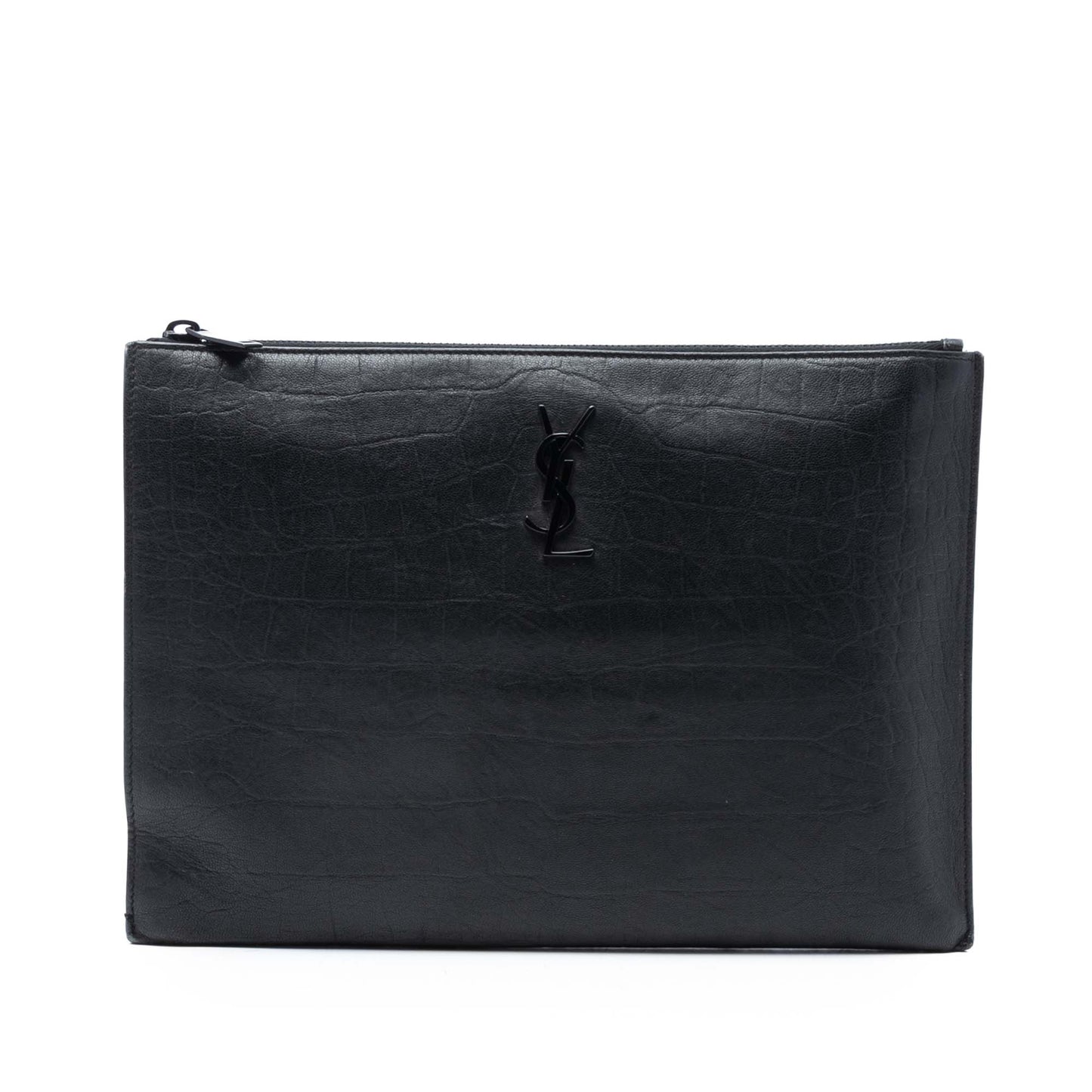 Saint Laurent Croc Embossed Leather Monogram Zip Pouch