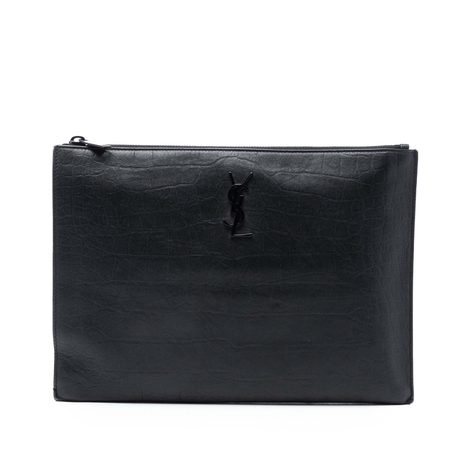 Saint Laurent Croc Embossed Leather Monogram Zip Pouch