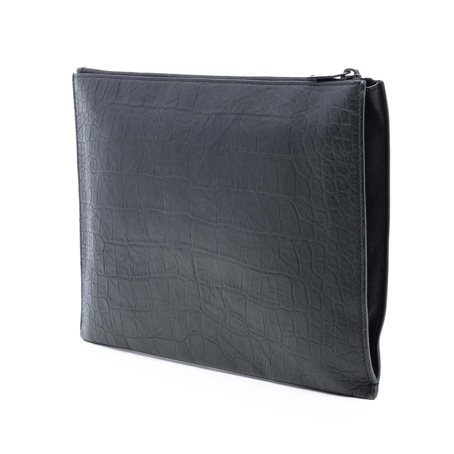 Saint Laurent Croc Embossed Leather Monogram Zip Pouch