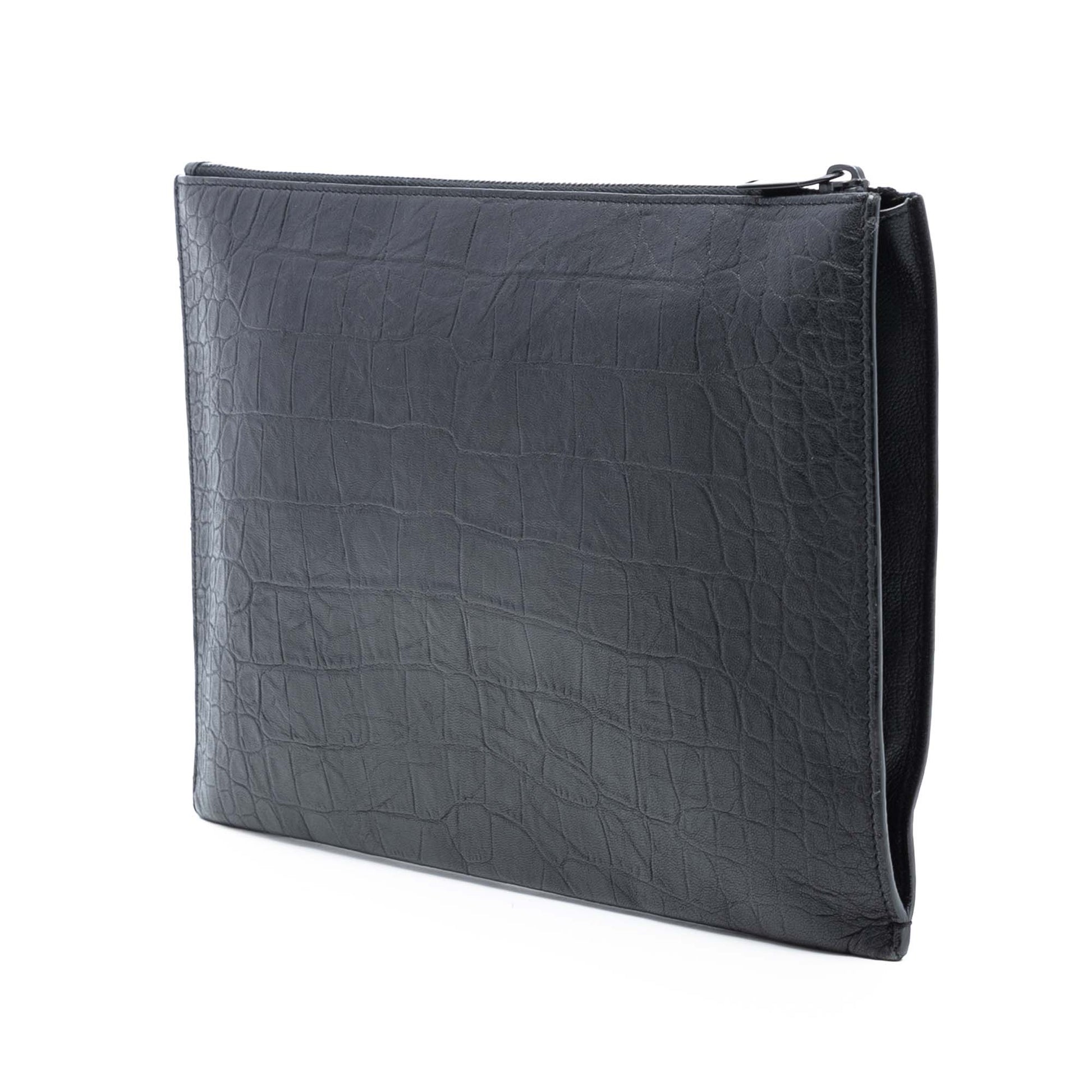 Saint Laurent Croc Embossed Leather Monogram Zip Pouch