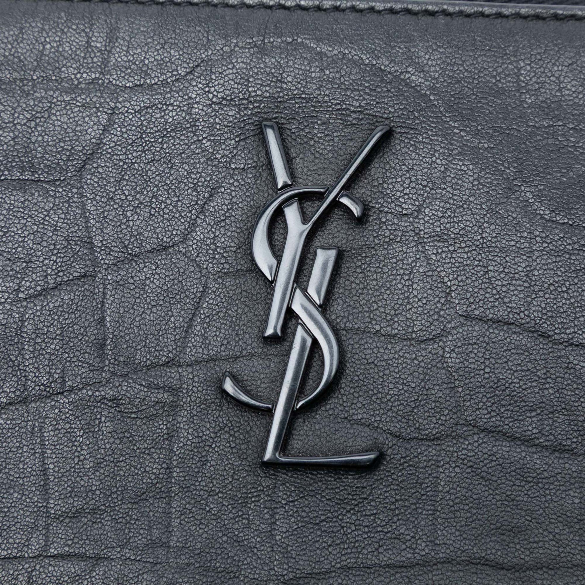 Saint Laurent Croc Embossed Leather Monogram Zip Pouch
