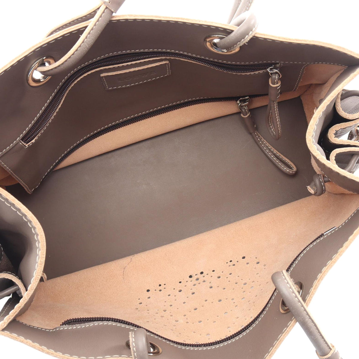 LOEWE Leather Perforated Anagram Tote — Beige
