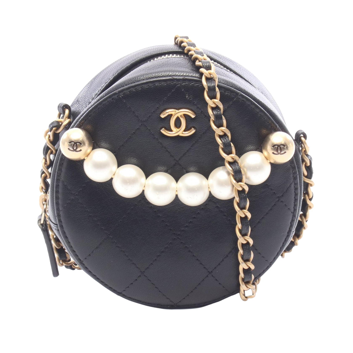 Chanel Lambskin Pearl Round Clutch On Chain — Black