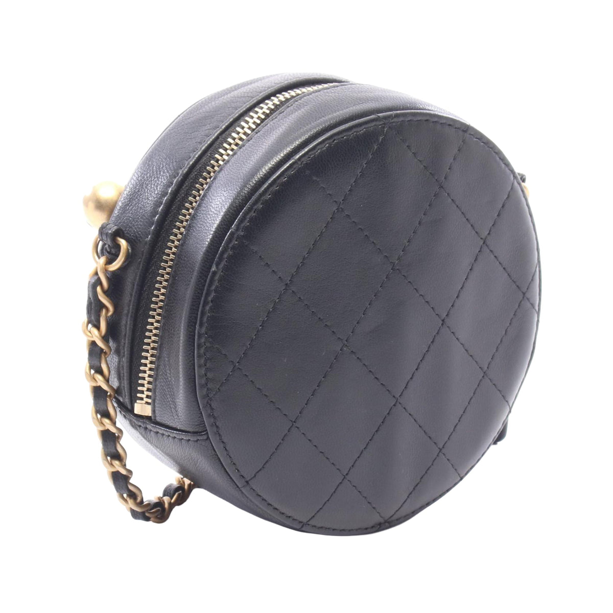 Chanel Lambskin Pearl Round Clutch On Chain — Black