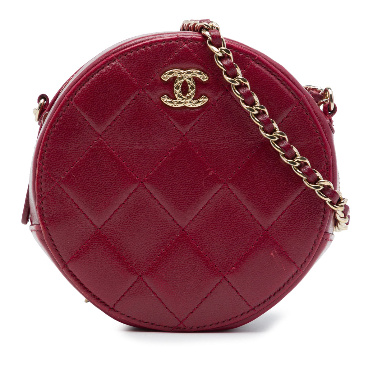 Chanel CC Quilted Lambskin Round Clutch with Chain — Red