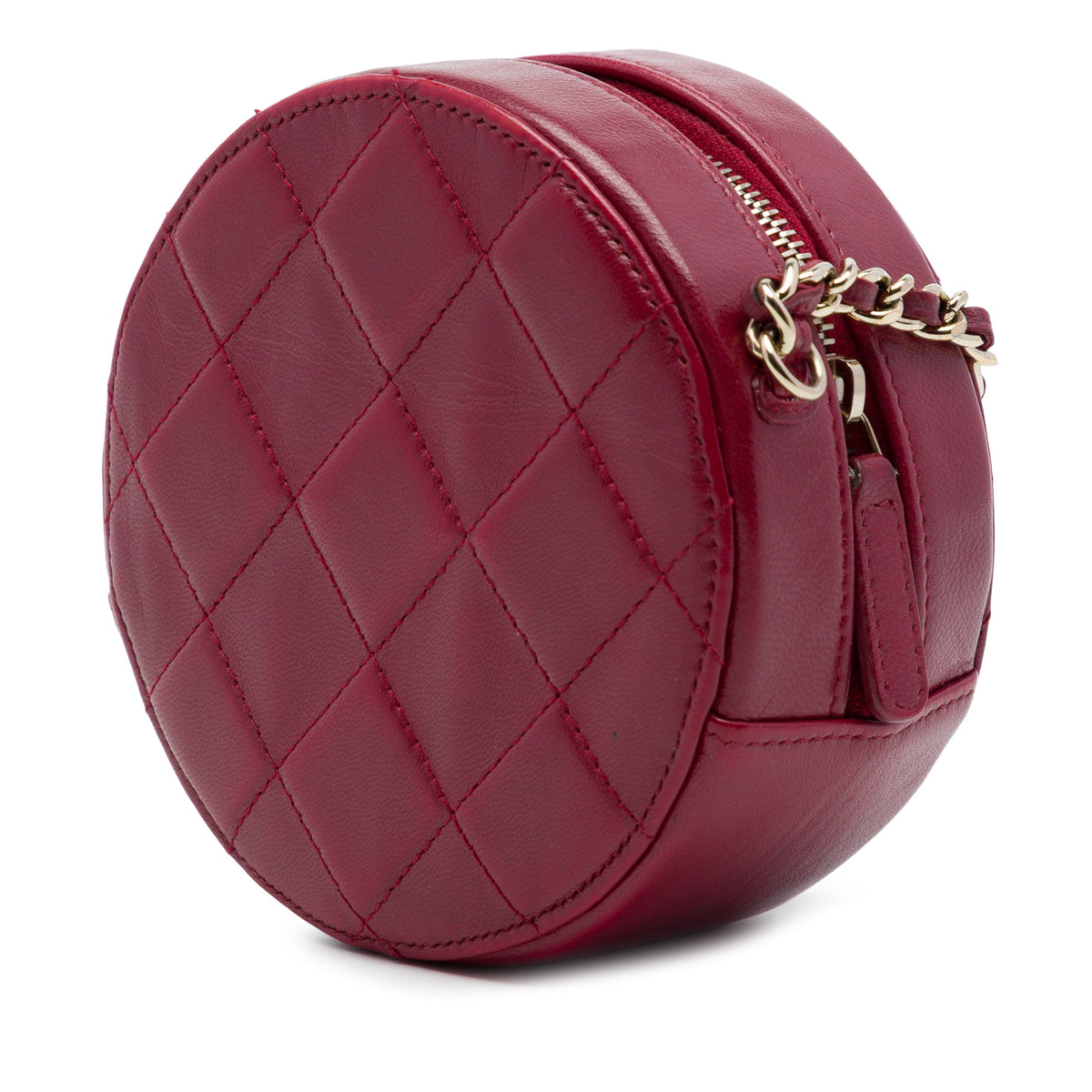 Chanel CC Quilted Lambskin Round Clutch with Chain — Red