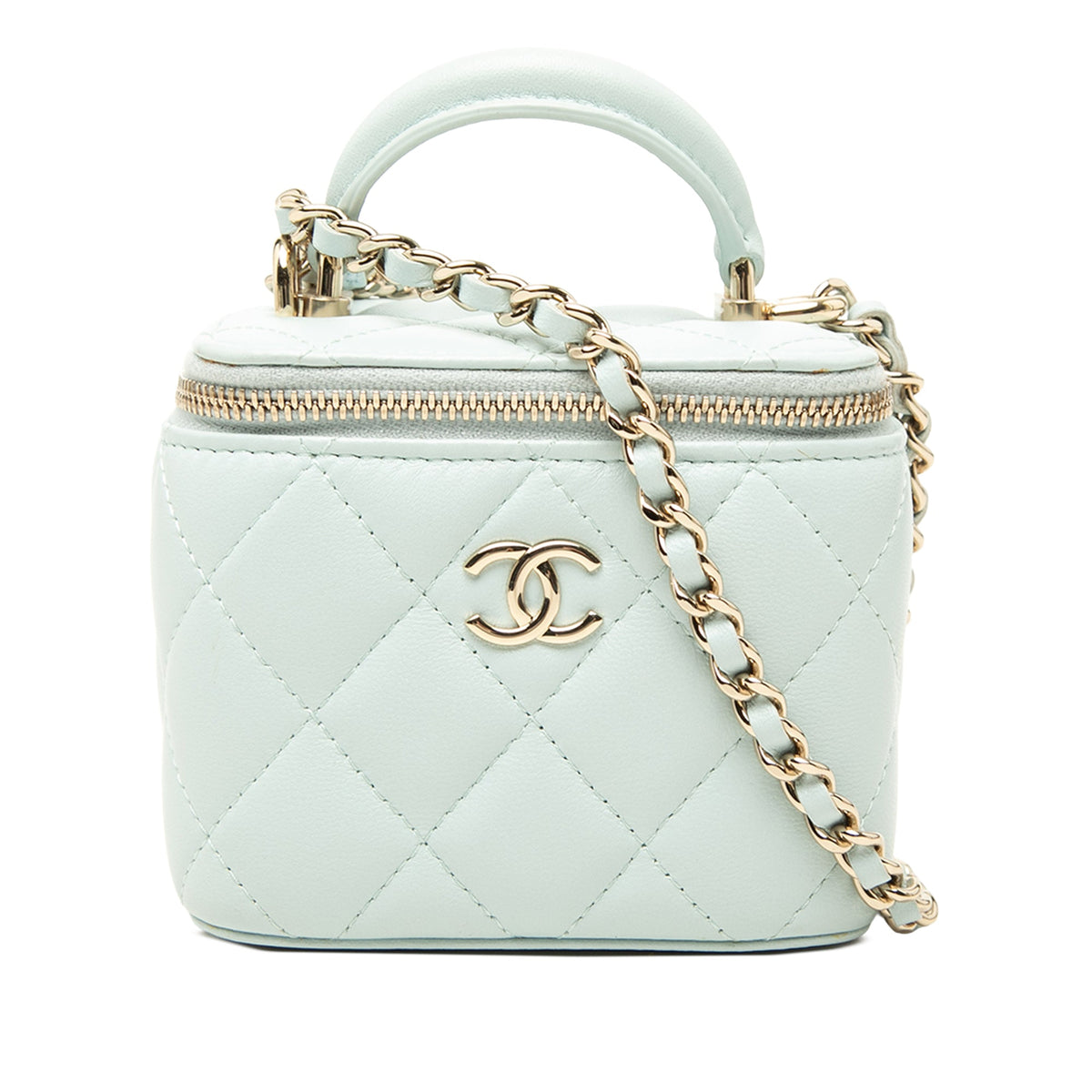 Chanel Mini CC Quilted Lambskin Top Handle Vanity Case With Chain — Blue