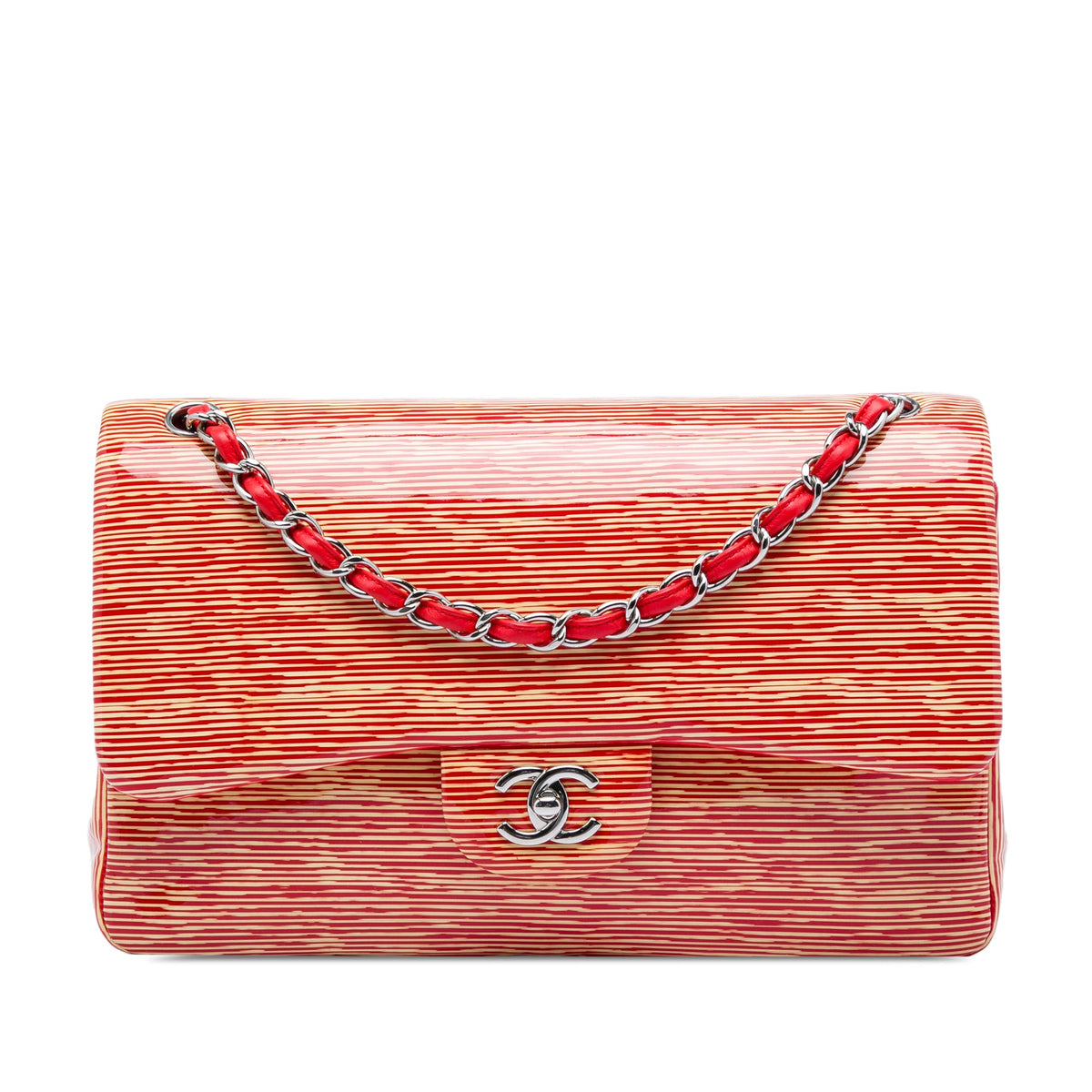 Chanel Jumbo Classic Patent Striped Double Flap