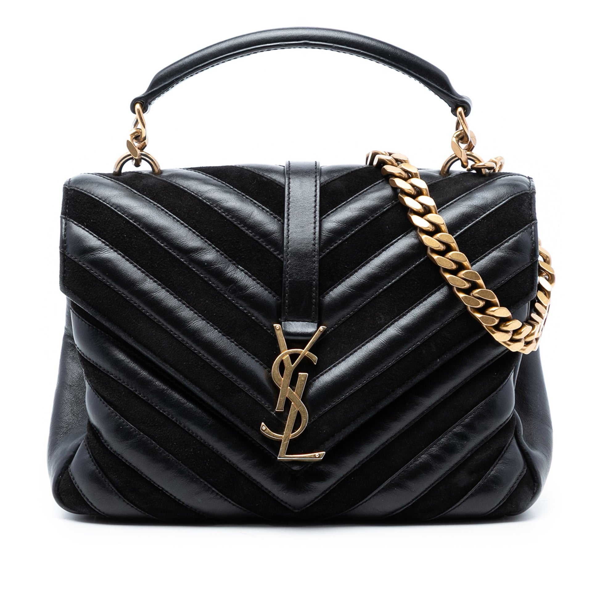 Saint Laurent Medium Calfskin and Suede Chevron Monogram College Satchel