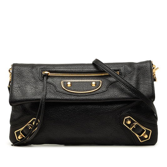 Balenciaga Goatskin Motocross Classic Metallic Edge Envelope Clutch with Strap — Black