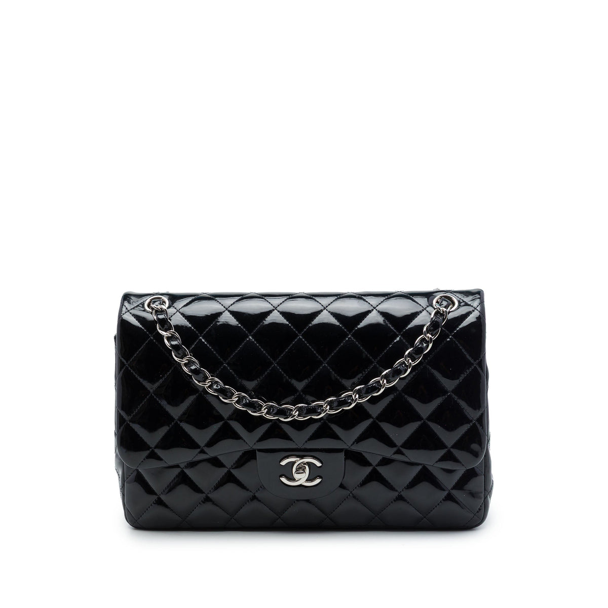 Chanel Jumbo Classic Patent Double Flap — Black