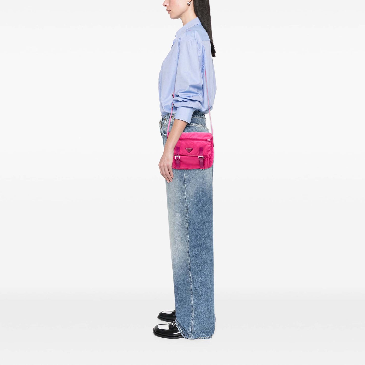 Prada Tessuto Zip Double Buckle Messenger Bag