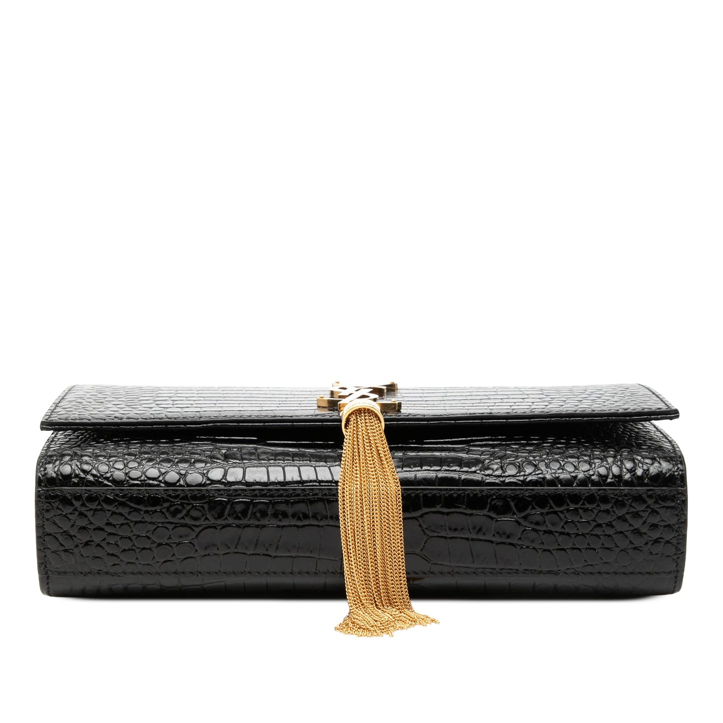 Saint Laurent Medium Croc Embossed Patent Monogram Kate Tassel Crossbody