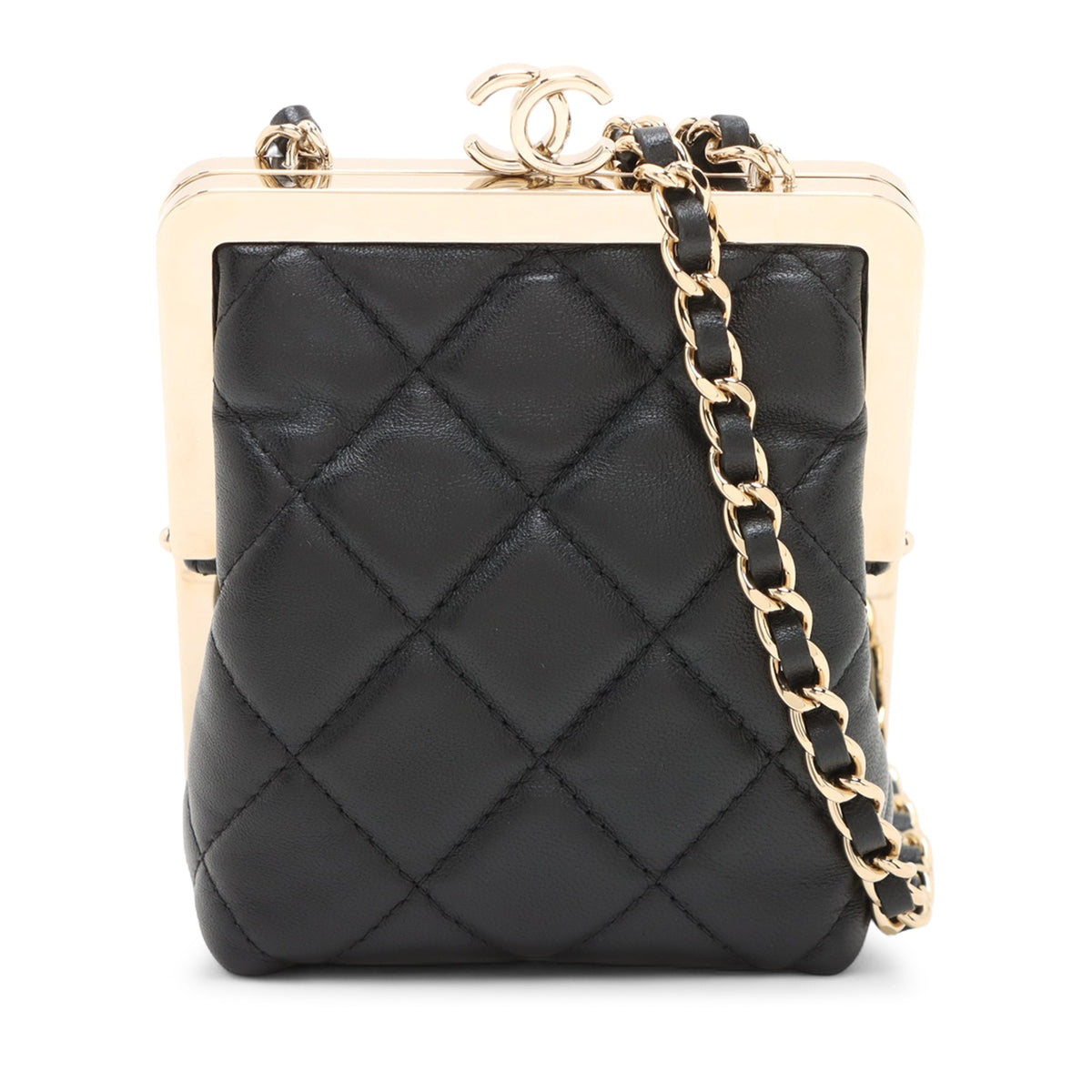 Chanel CC Quilted Acrylic and Lambskin Evening Clutch With Chain — Black