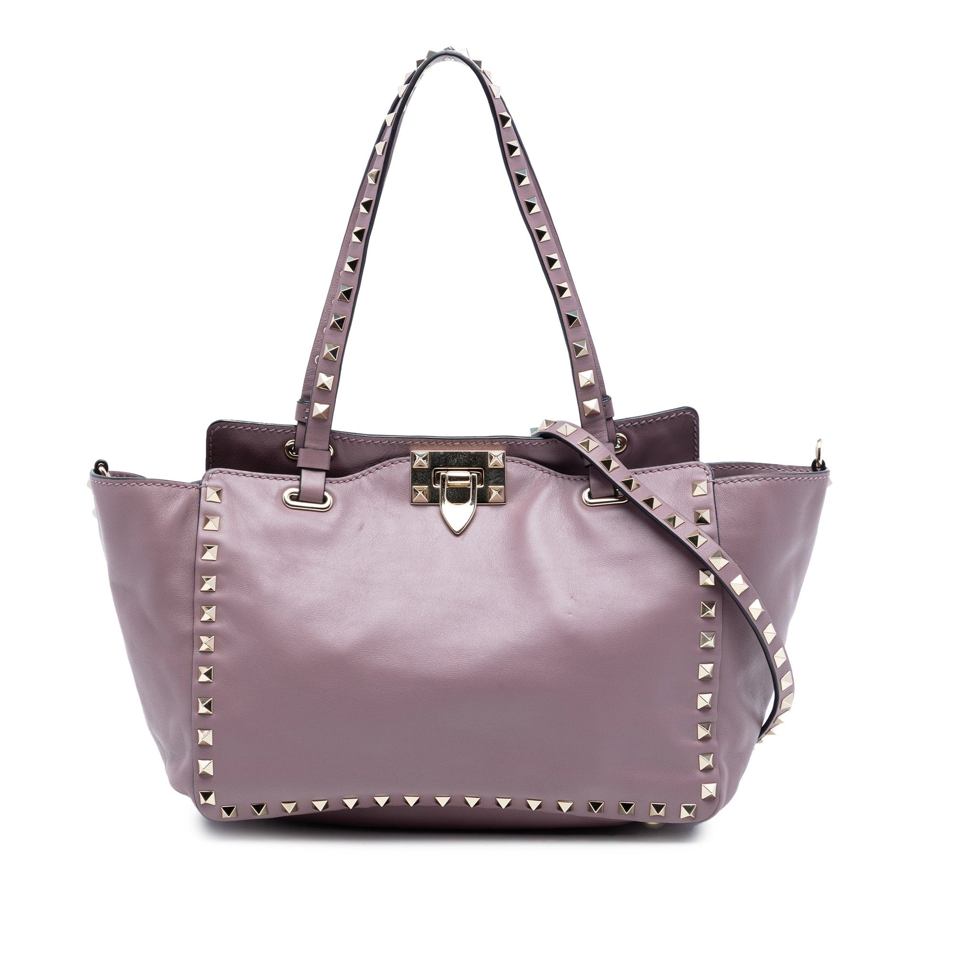 Small Grained Calfskin Rockstud Trapeze Satchel