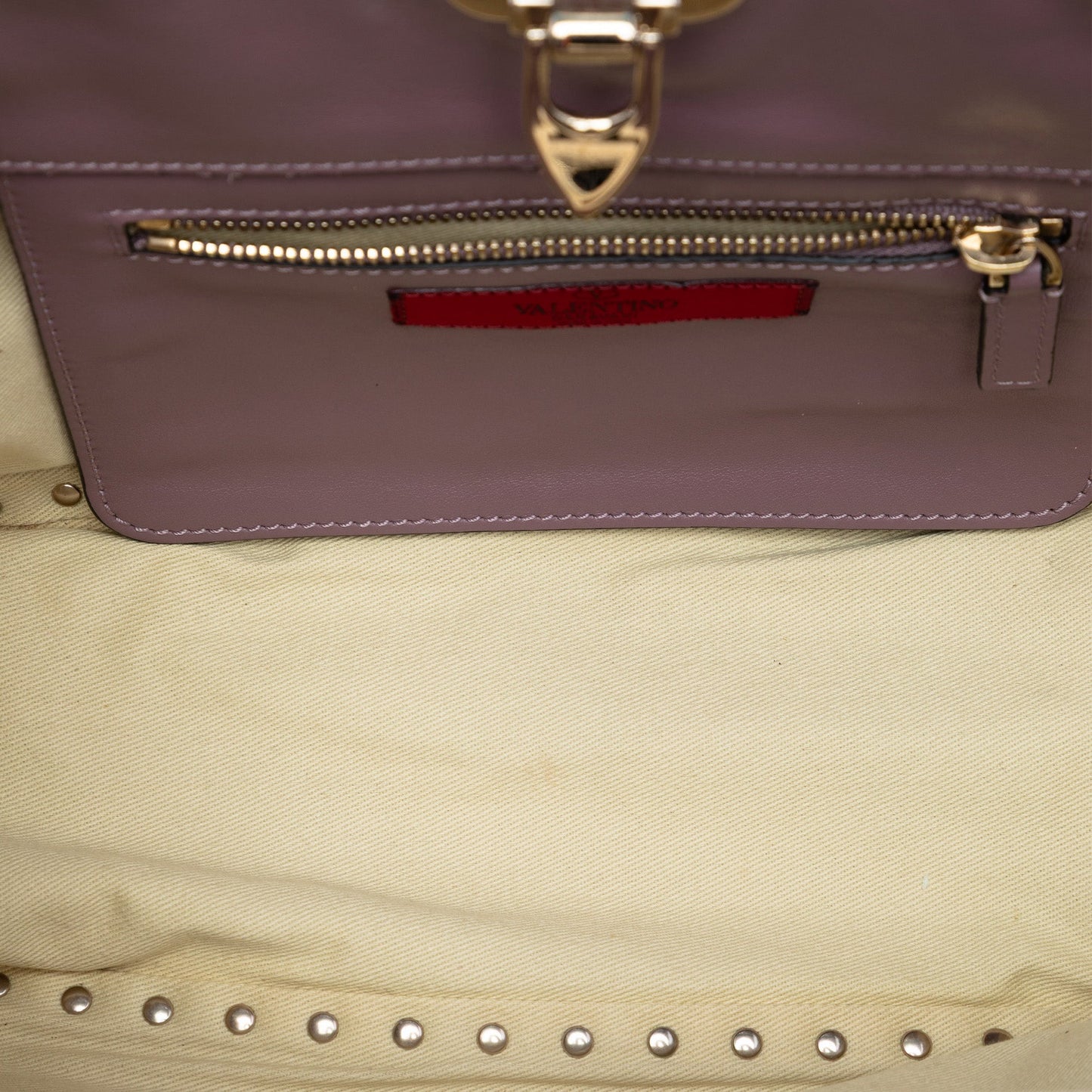 Small Grained Calfskin Rockstud Trapeze Satchel