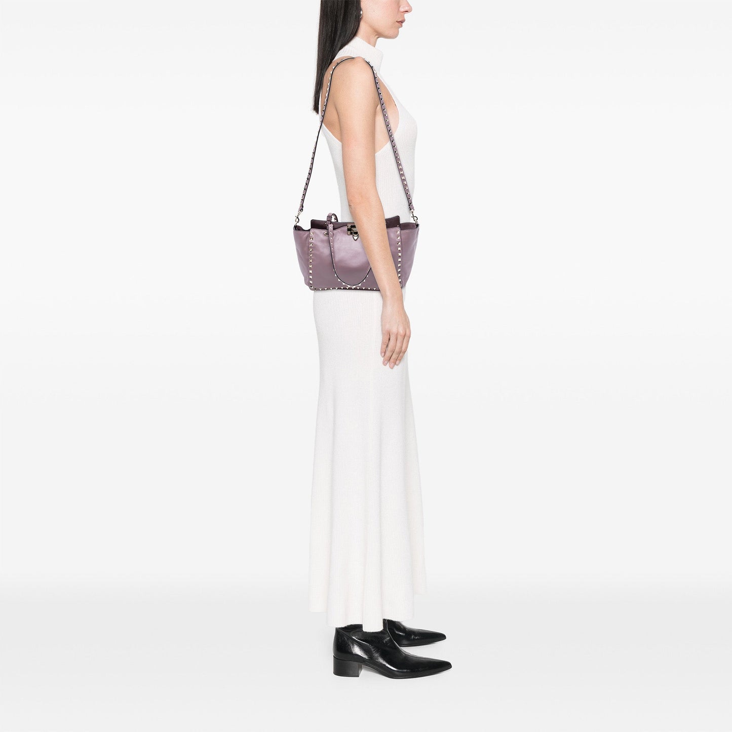 Small Grained Calfskin Rockstud Trapeze Satchel