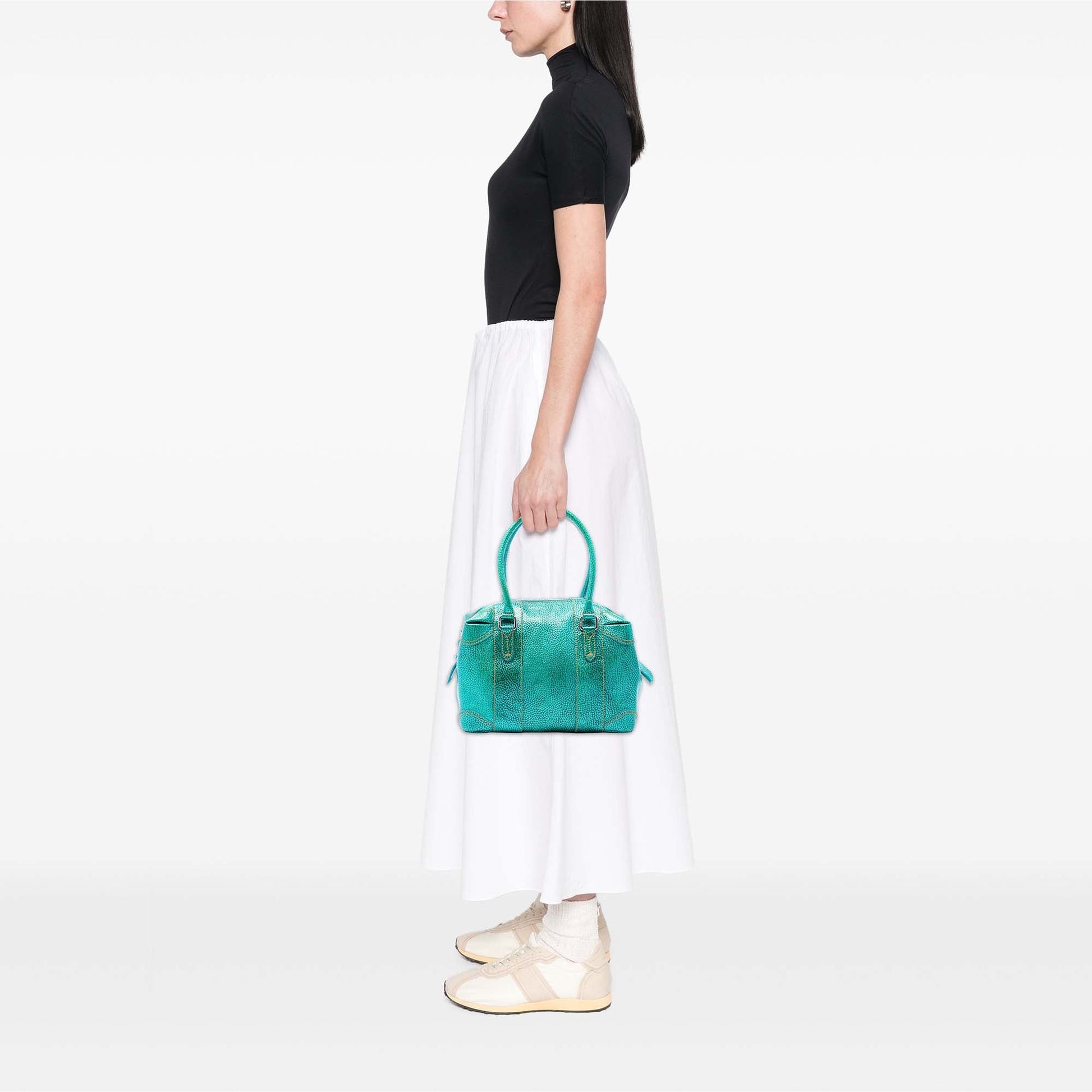 Fendi Metallic Pebbled Leather Mixed Media Boston Bag