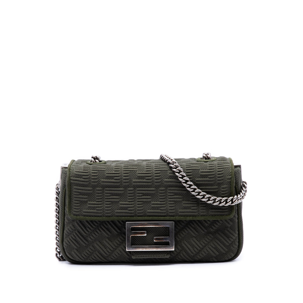 Fendi Zucca Embossed Technical Fabric Chain Midi Baguette — Green