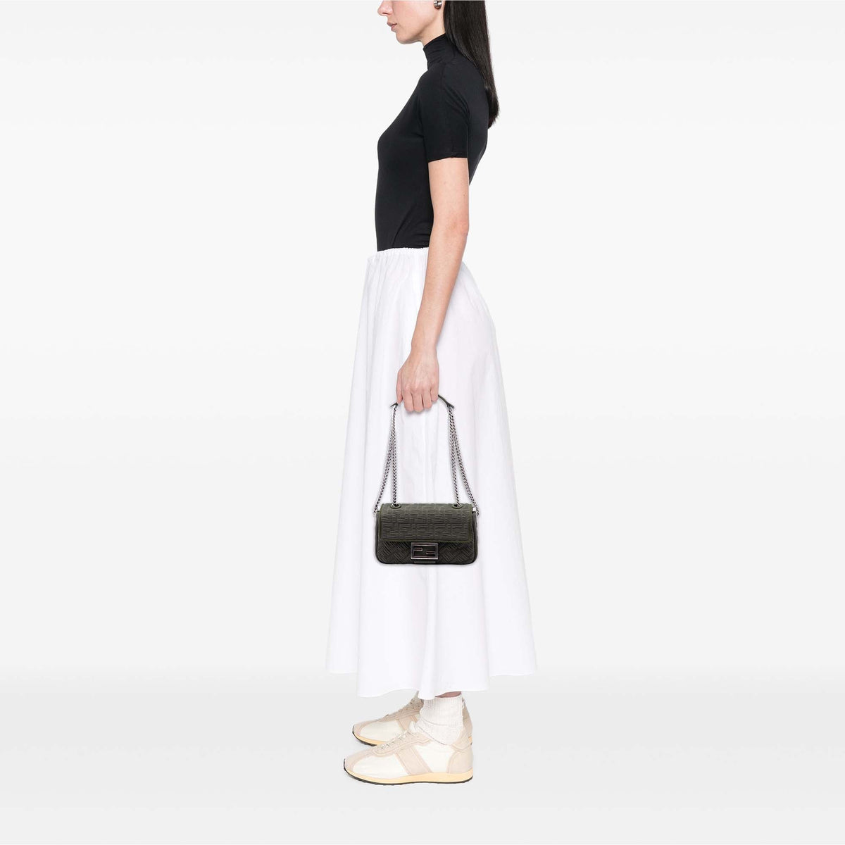 Fendi Zucca Embossed Technical Fabric Chain Midi Baguette — Green