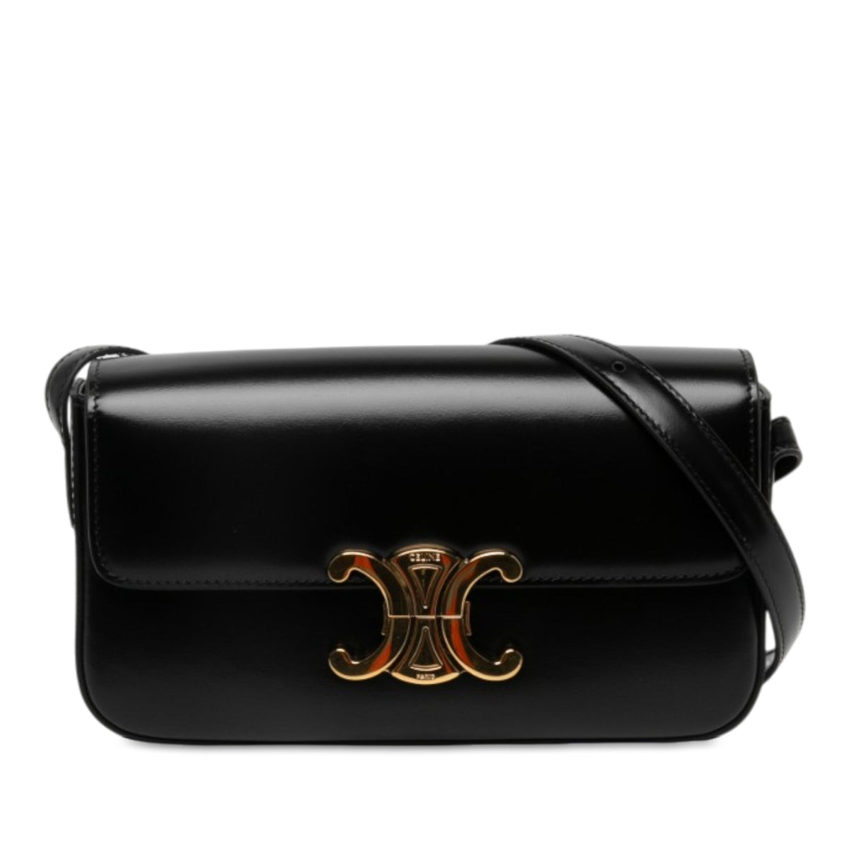 Celine Shiny Calfskin Triomphe Claude Shoulder Bag — Black