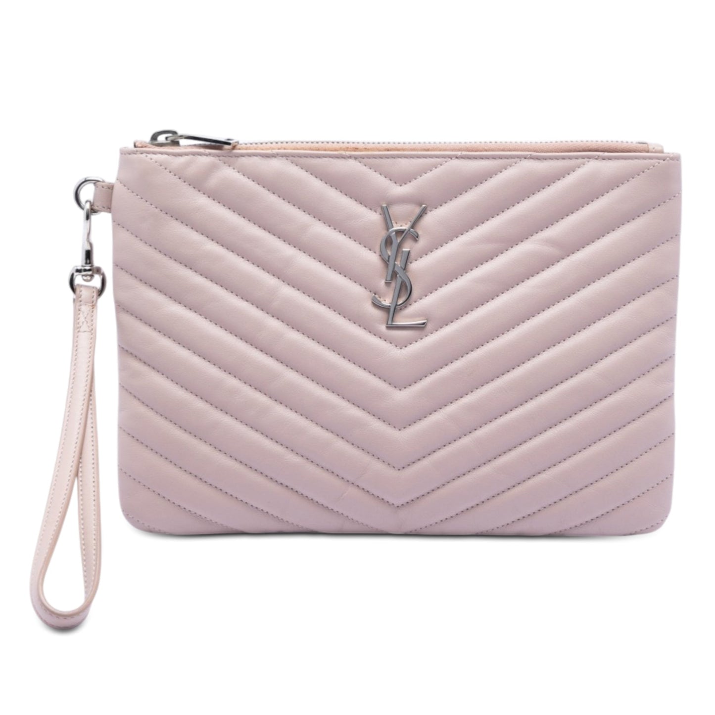 Saint Laurent Chevron Leather Monogram Zip A5 Wristlet Pouch