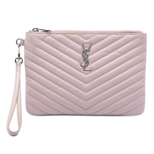 Saint Laurent Chevron Leather Monogram Zip A5 Wristlet Pouch