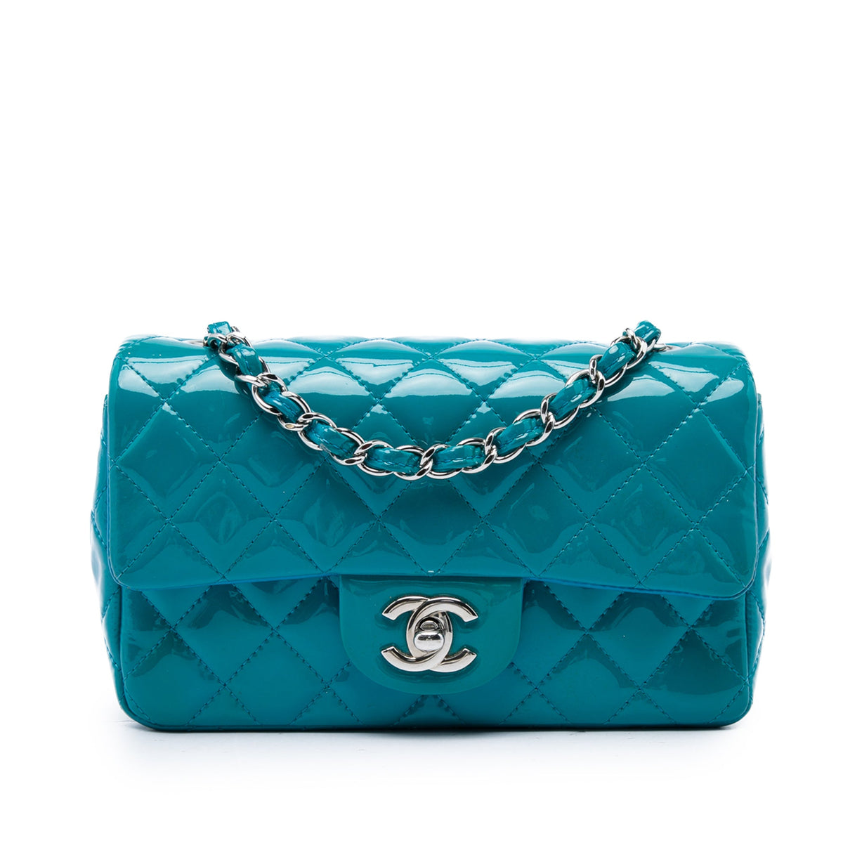 Chanel Mini Rectangular Classic Patent Single Flap — Blue