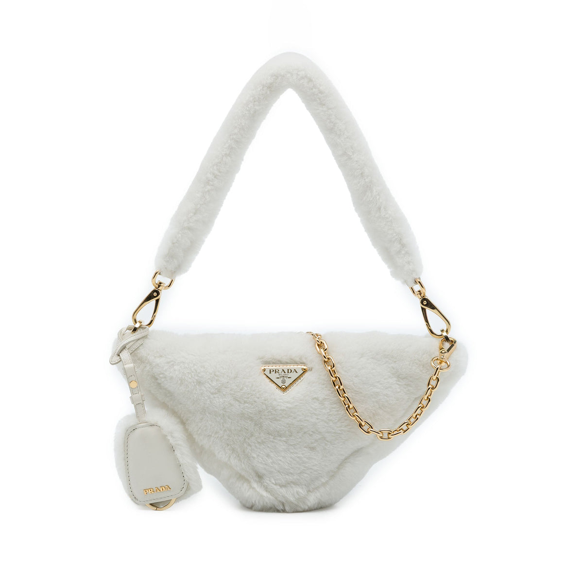 Prada Mini Shearling Triangle Satchel — White