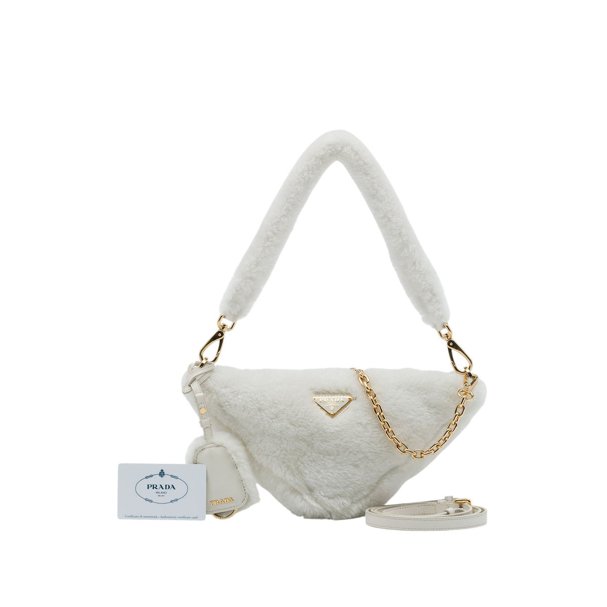 Prada Mini Shearling Triangle Satchel — White