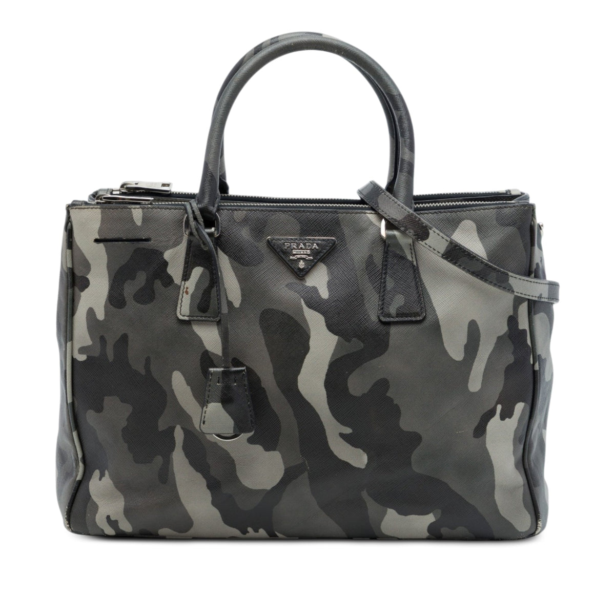 Prada Medium Saffiano Lux Camouflage Galleria Double Zip Satchel — Gray