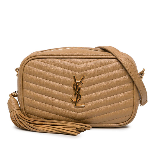Saint Laurent Mini Chevron Grain de Poudre Monogram Lou Camera Bag — Brown