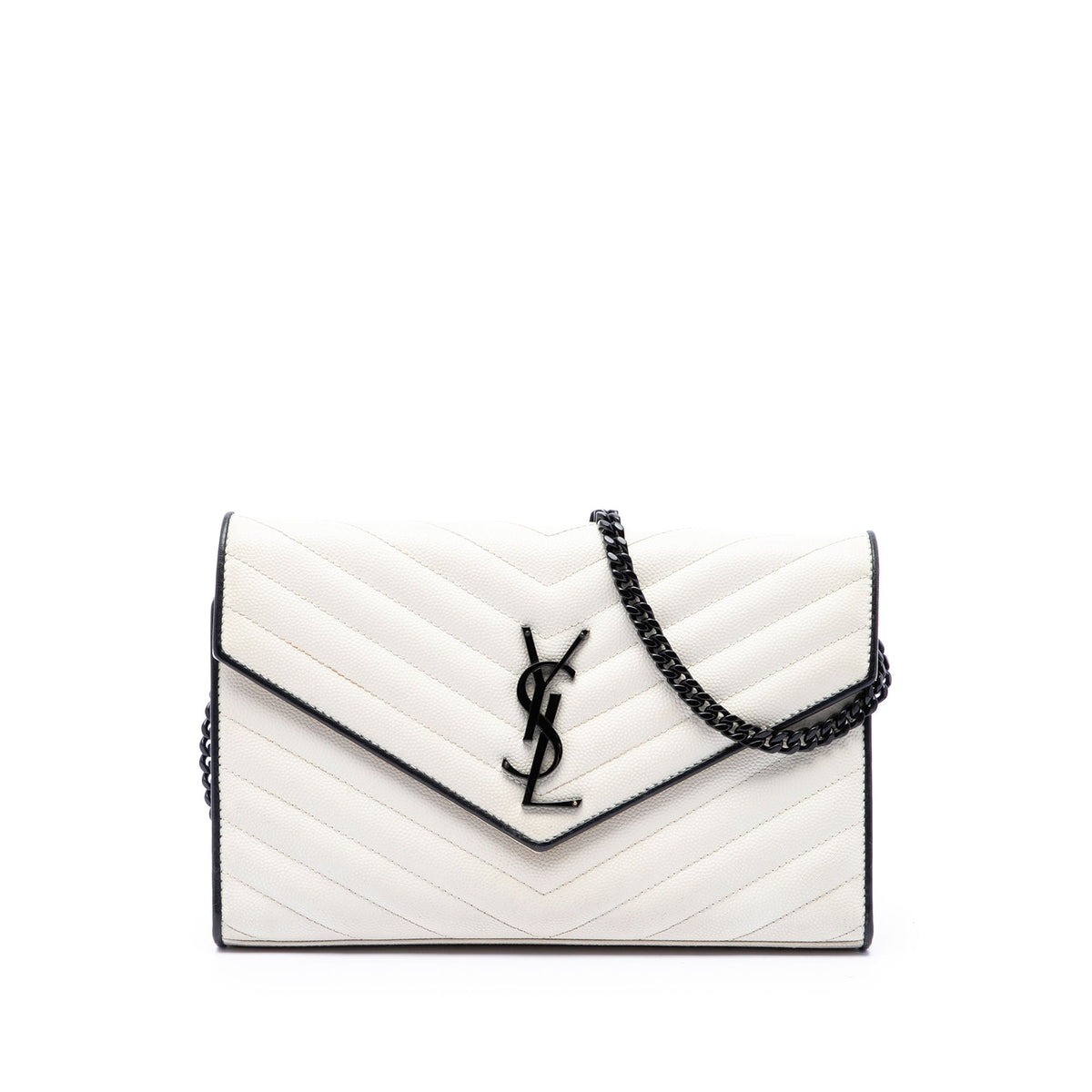 Saint Laurent Bicolor Grain De Poudre Chevron Classic Cassandre Chain Wallet — Black