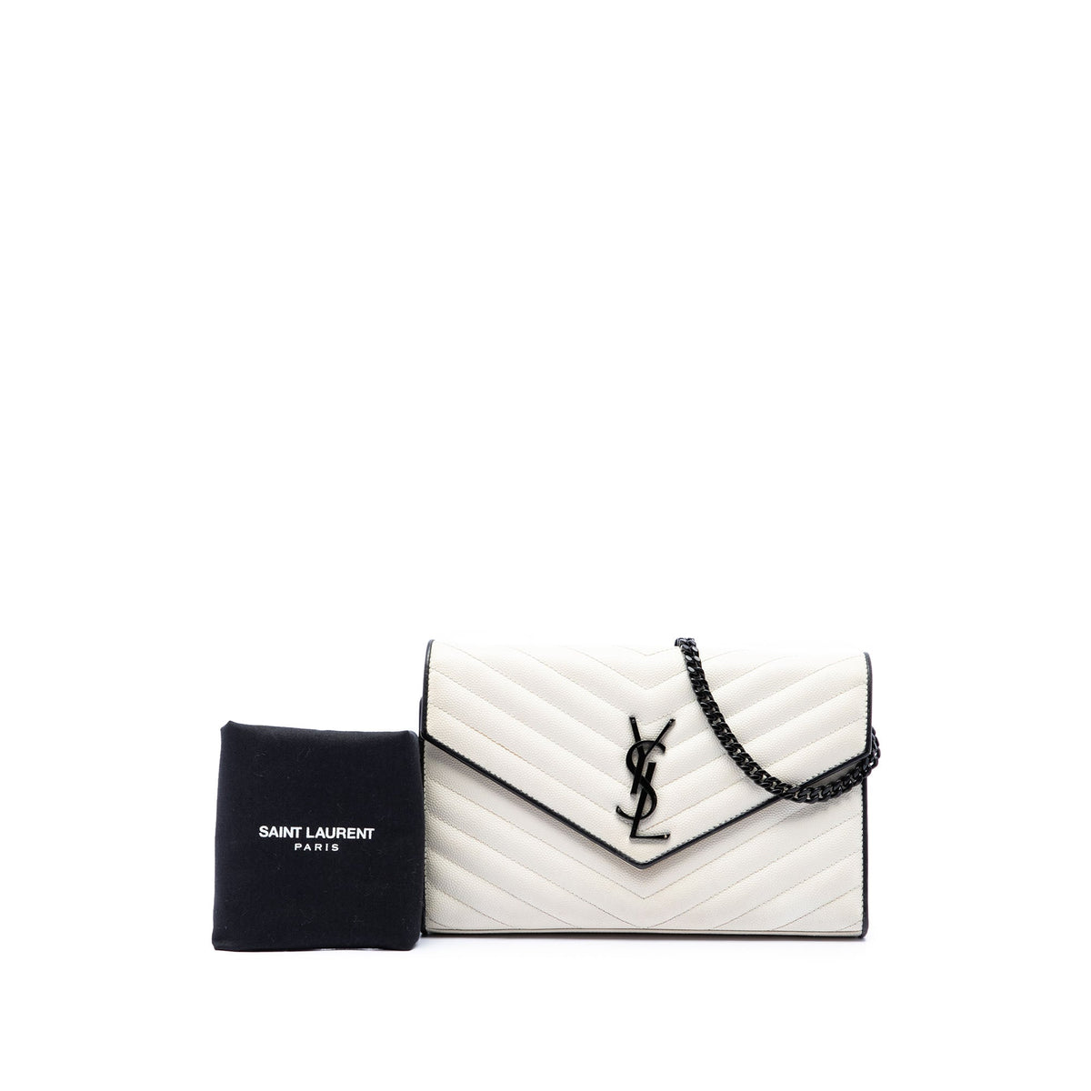 Saint Laurent Bicolor Grain De Poudre Chevron Classic Cassandre Chain Wallet — Black