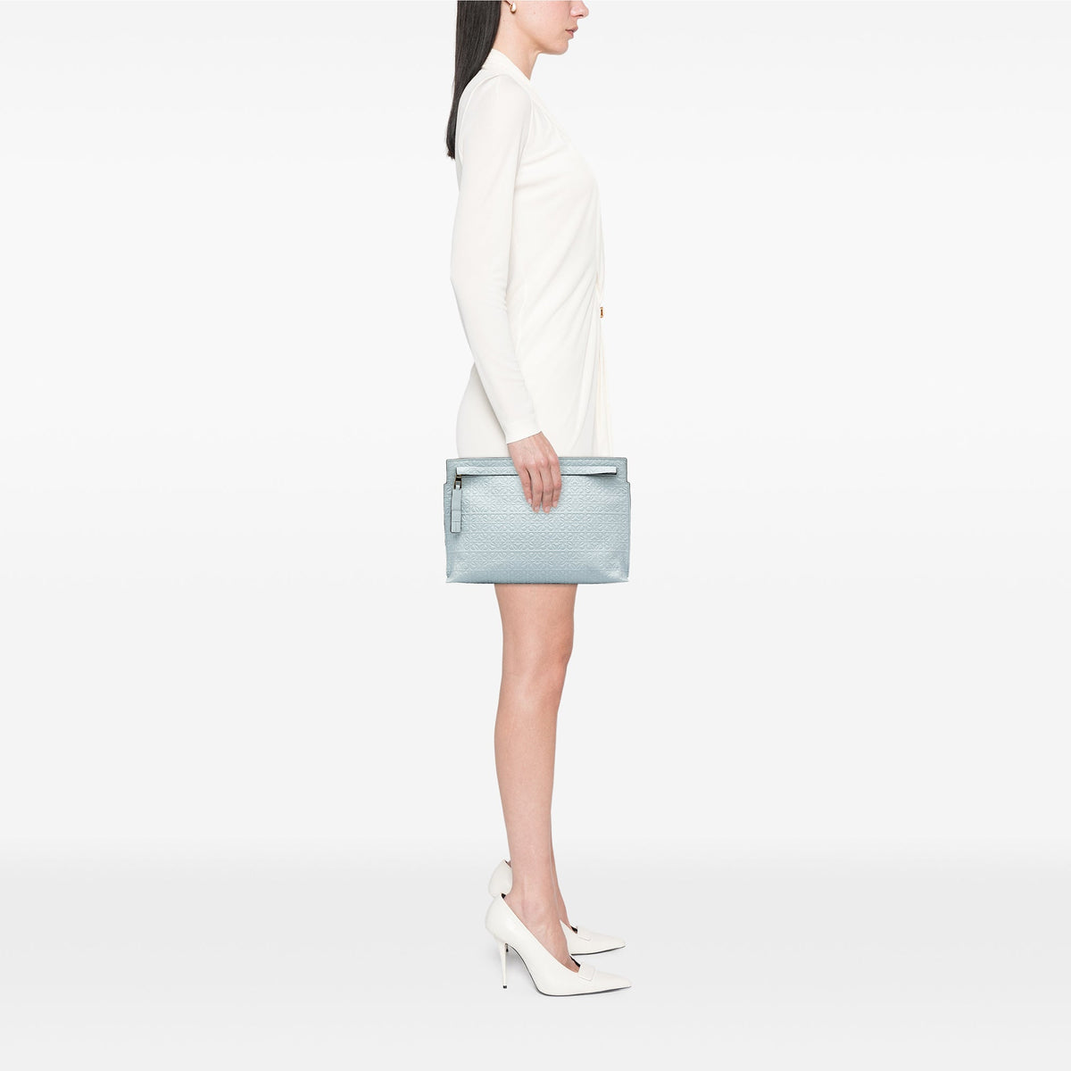 LOEWE Embossed Anagram Leather Repeat T Clutch — Blue