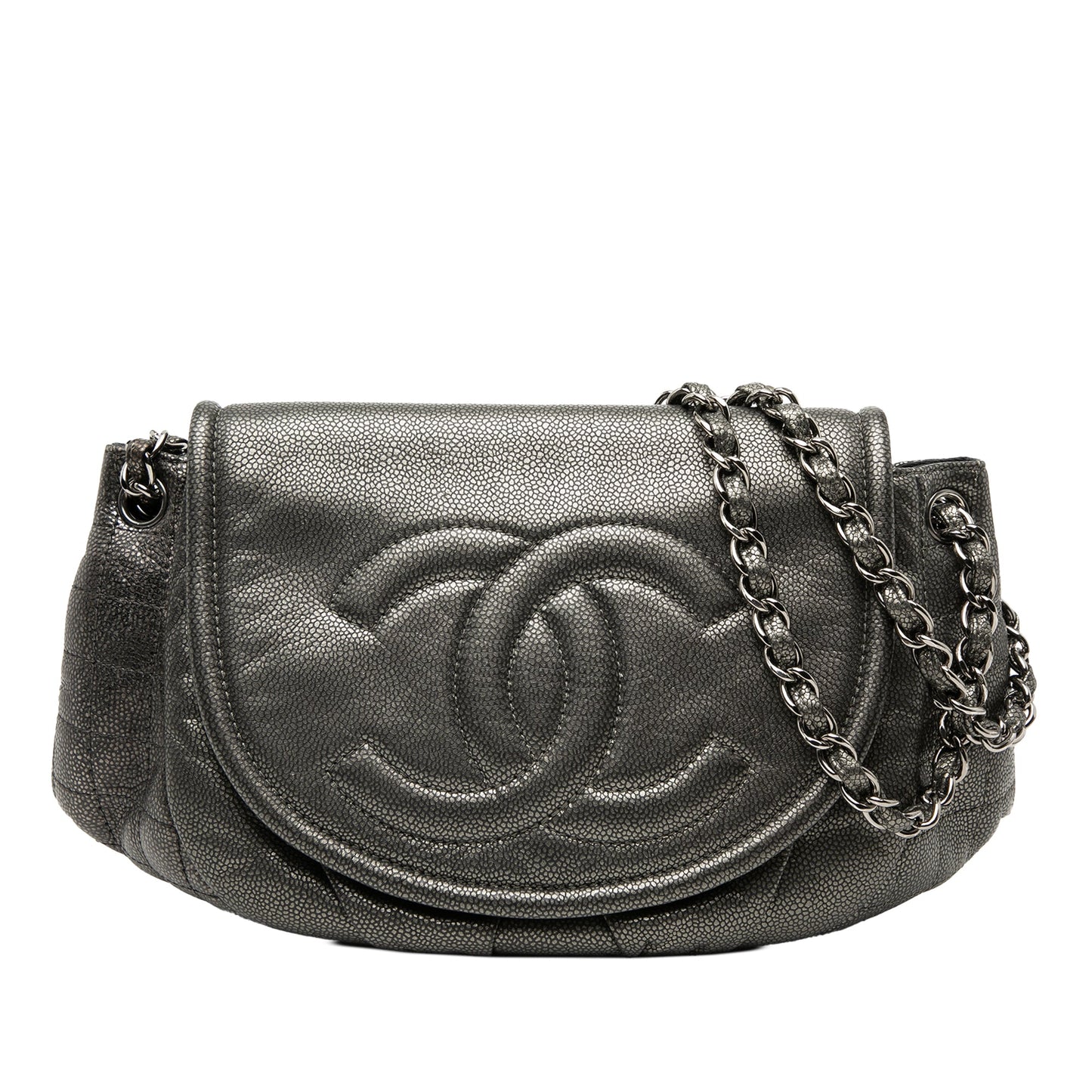 Large Metallic Caviar Half Moon Flap