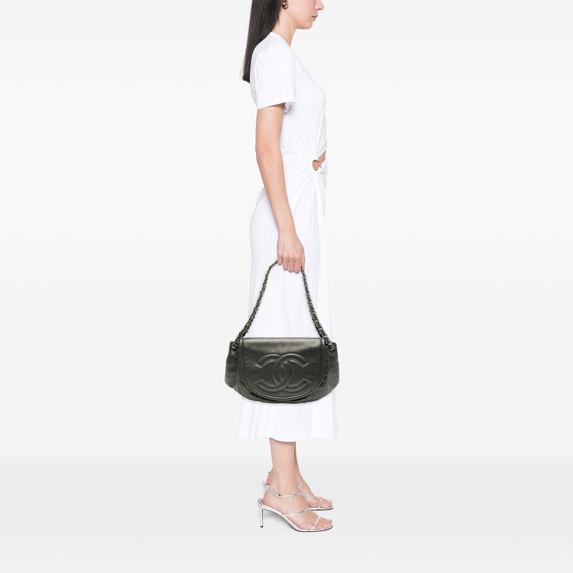 Large Metallic Caviar Half Moon Flap