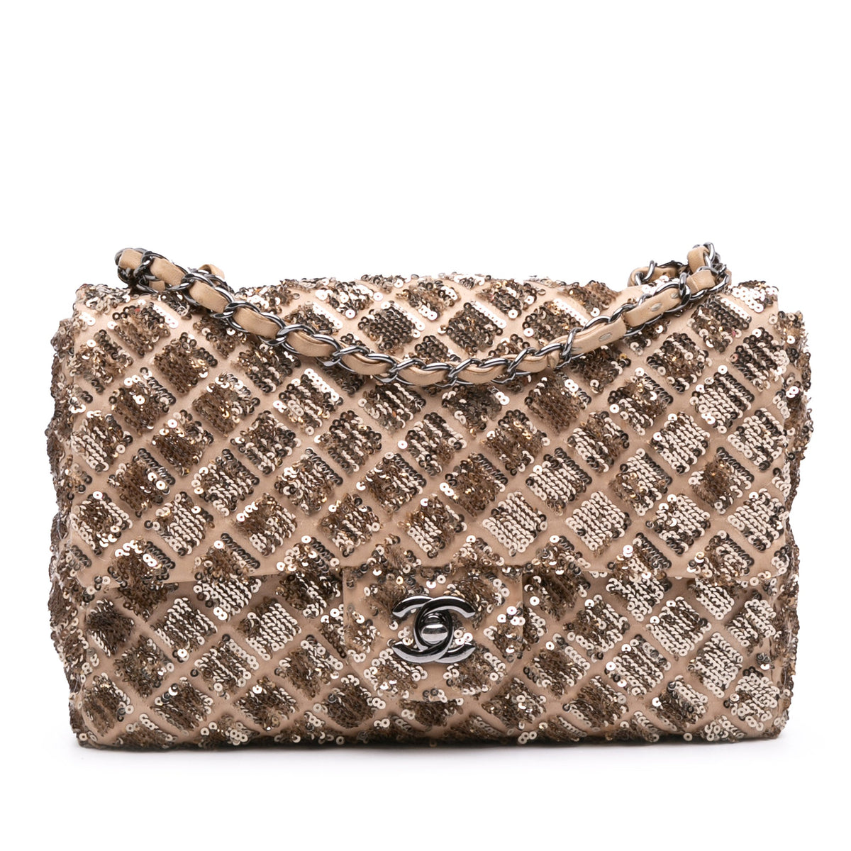 Chanel CC Quilted Sequin Embellished Satin Flap — Beige