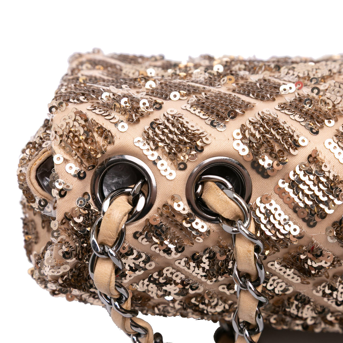 Chanel CC Quilted Sequin Embellished Satin Flap — Beige