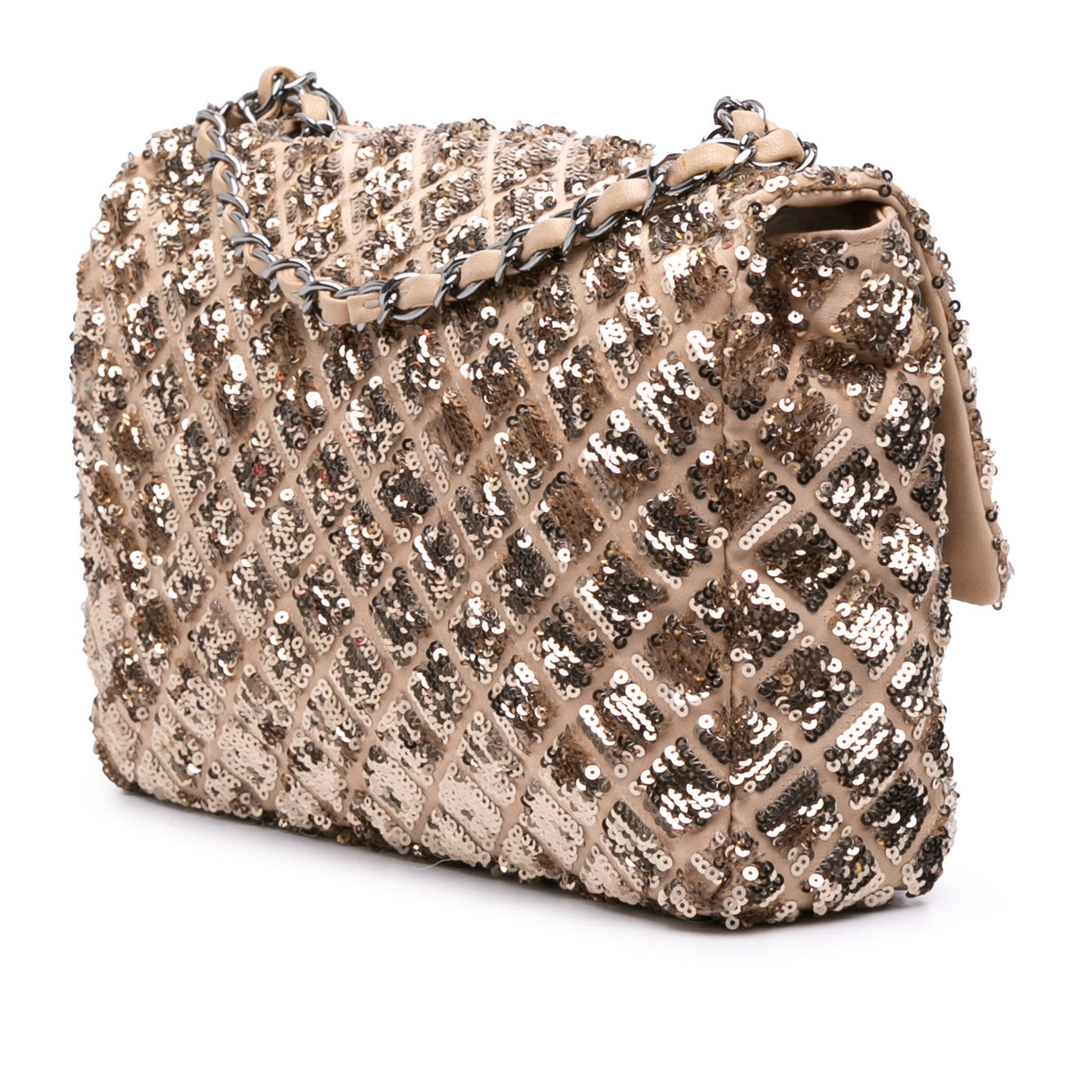 Chanel CC Quilted Sequin Embellished Satin Flap — Beige