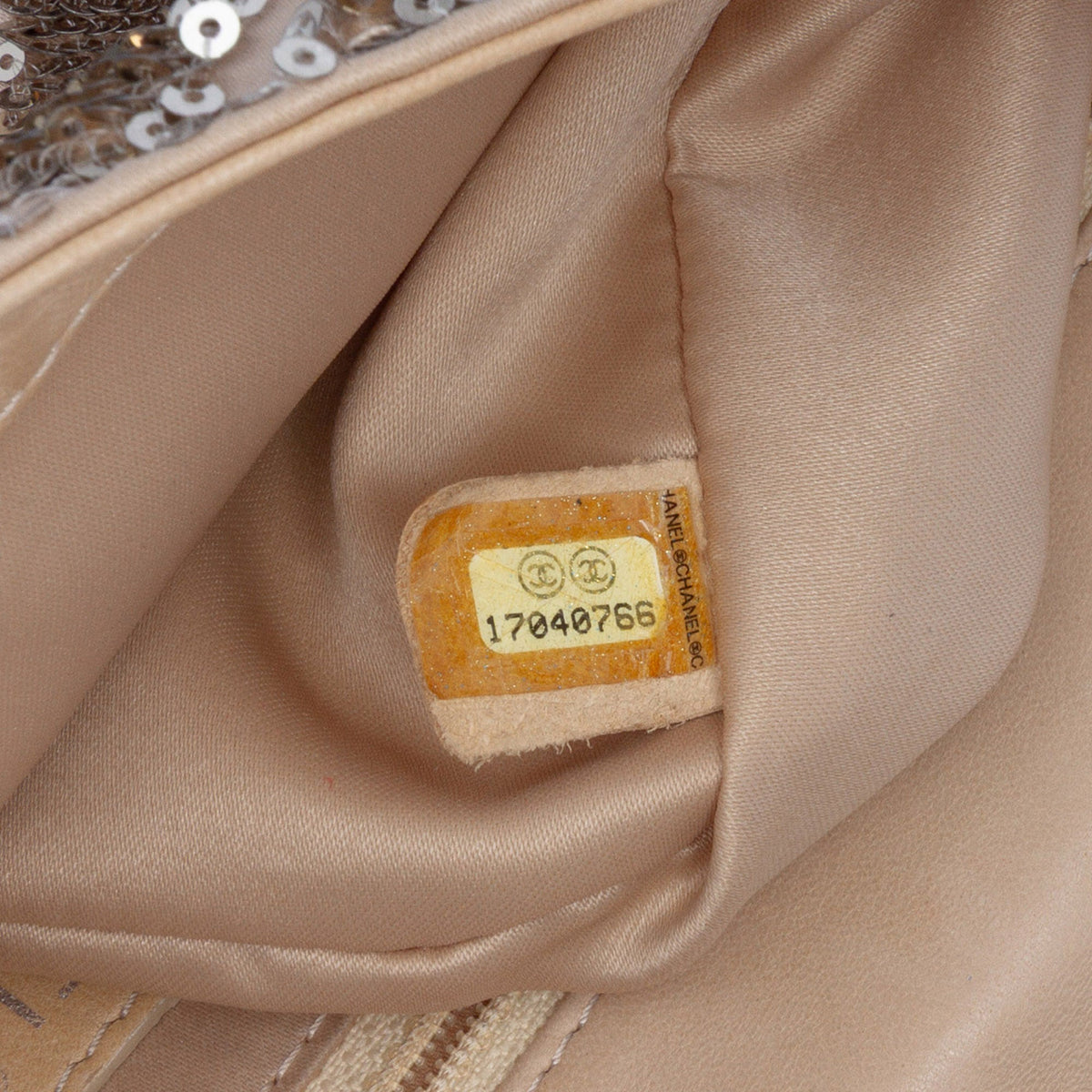 Chanel CC Quilted Sequin Embellished Satin Flap — Beige